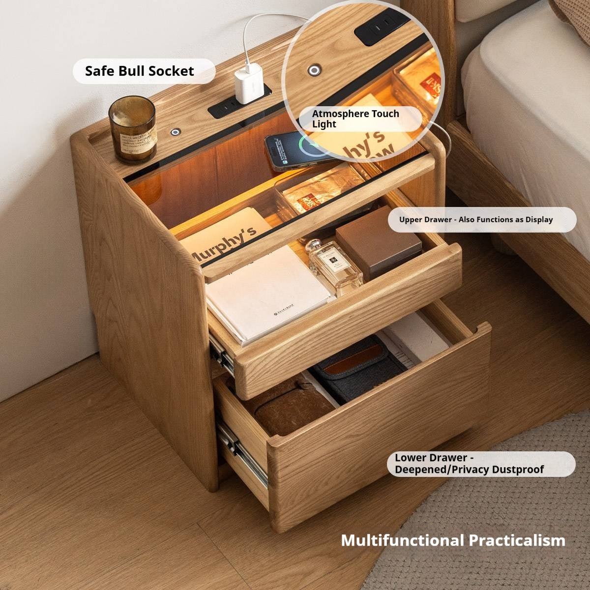 Ash Solid Wood Modern Nightstand