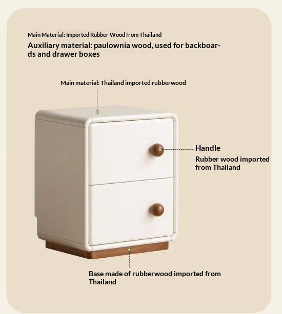 Solid Rubberwood Cream Style Narrow Nightstand