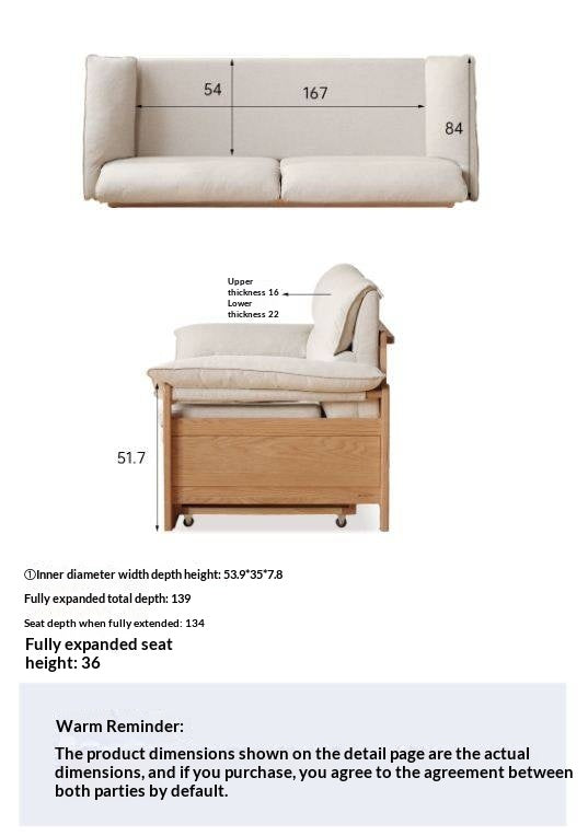Oak Solid Wood Sofa Bed with Under-Seat Storage Drawers