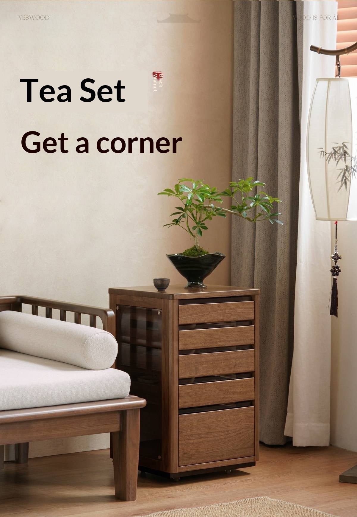 Black Walnut Solid Wood Tea Set Storage Rolling Side Cabinet with Fluted Drawers