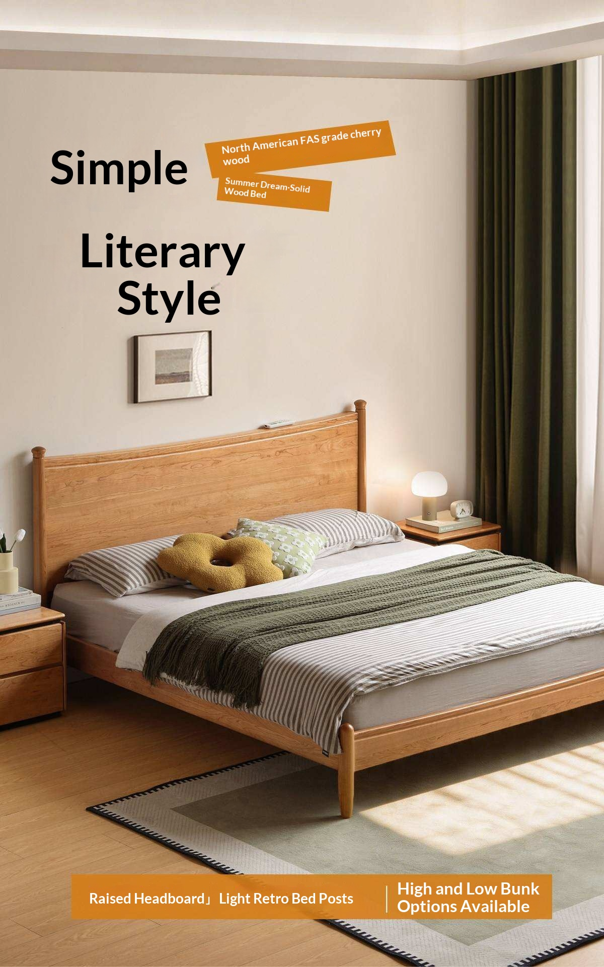 Cherry Solid Wood Nordic Platform Bed with Curved Panel Headboard