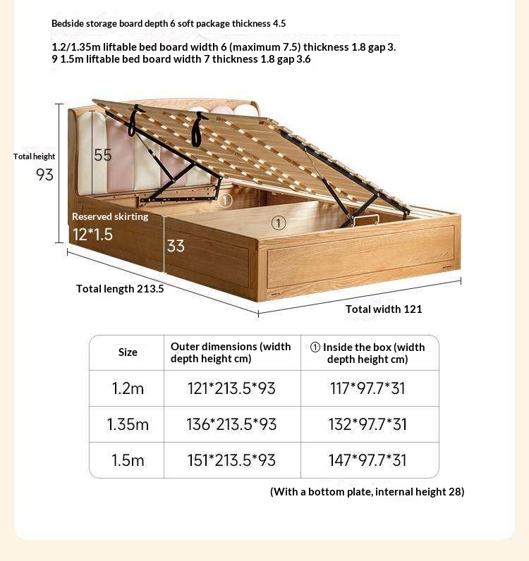 Oak Solid Wood Kids Bed with Adjustable Channel-Tufted Headboard and Gas-Lift Storage