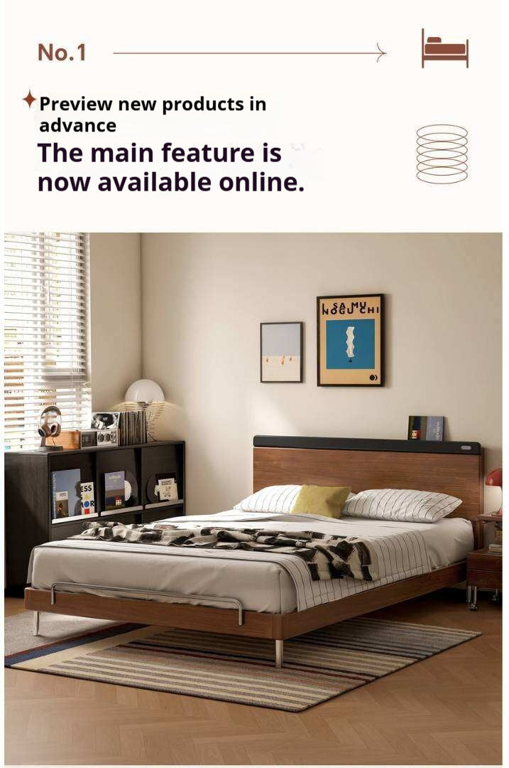 Rubberwood Solid Wood Platform Bed with Metal Legs and Two-Tone Headboard