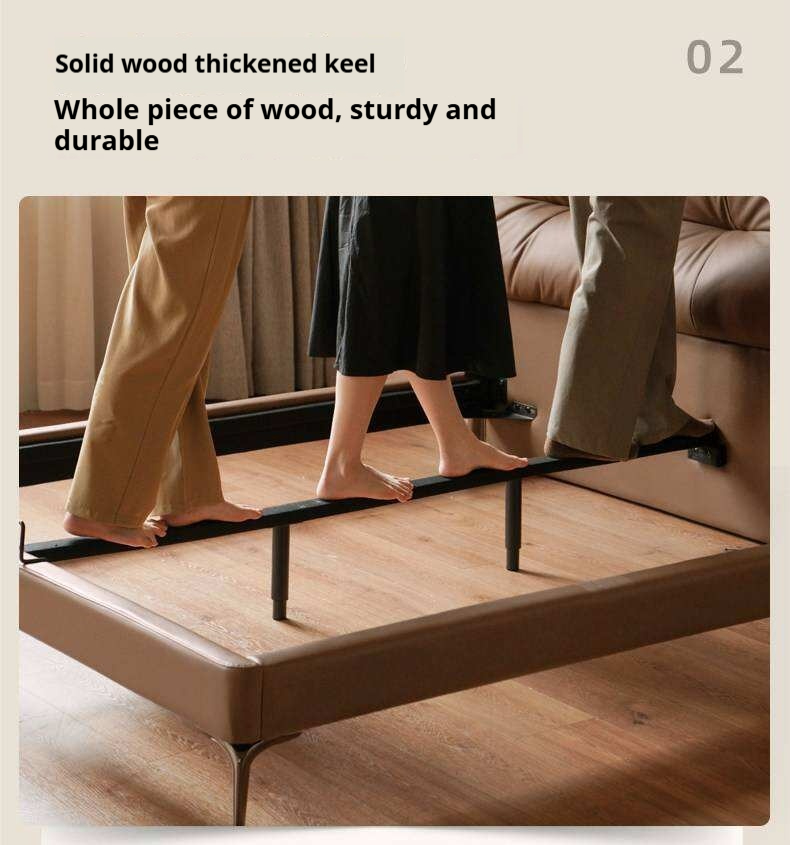 Genuine Leather Platform Bed with Curved Tufted Headboard and Tapered Metal Legs