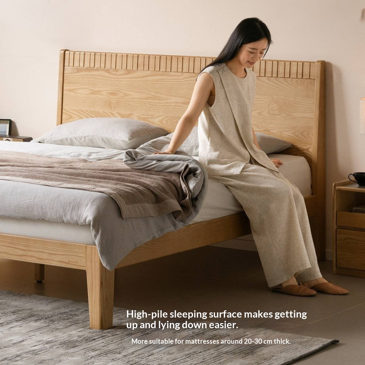 Ash Solid Wood Modern Minimalist Bed with Grooved Headboard and High Under-Bed Clearance
