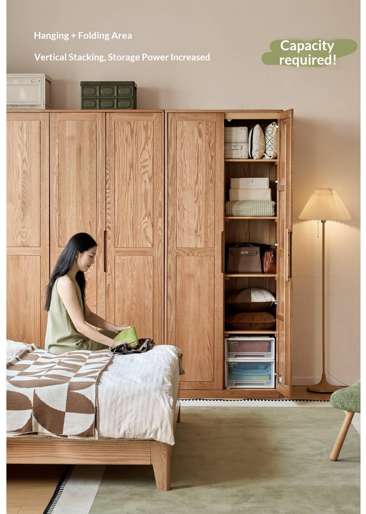 Oak Solid Wood narrow Wardrobe with Framed Panel Doors and Adjustable Layout