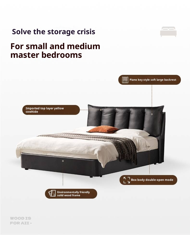 Genuine Leather Black Light Luxury Box Bed