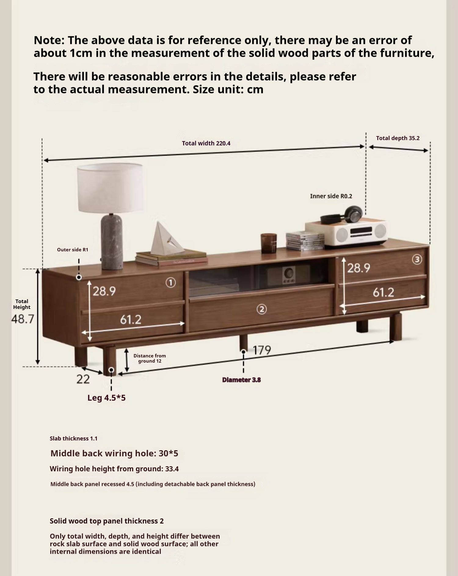 Black Walnut Solid Wood Luxury Style TV Cabinet with Slab Top and Storage