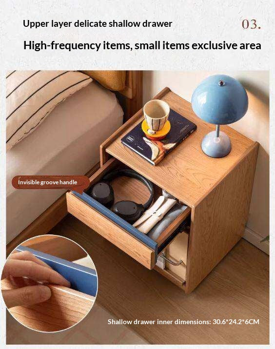 Cherry Solid Wood Nightstand with Storage Drawer and Magazine Holder with Wheels