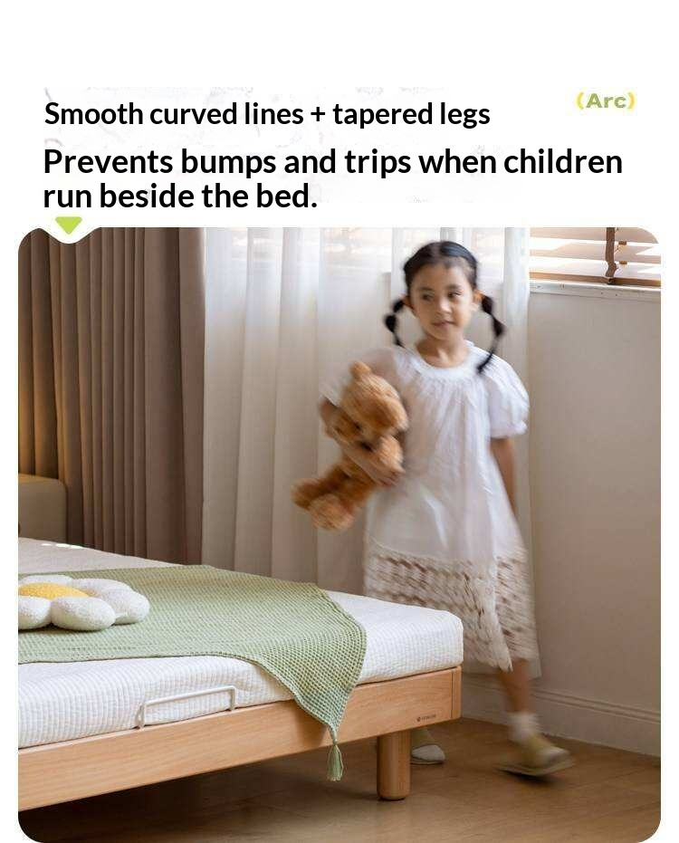 Beech Solid Wood Kids Upholstered Low Platform Bed with Curved Headboard