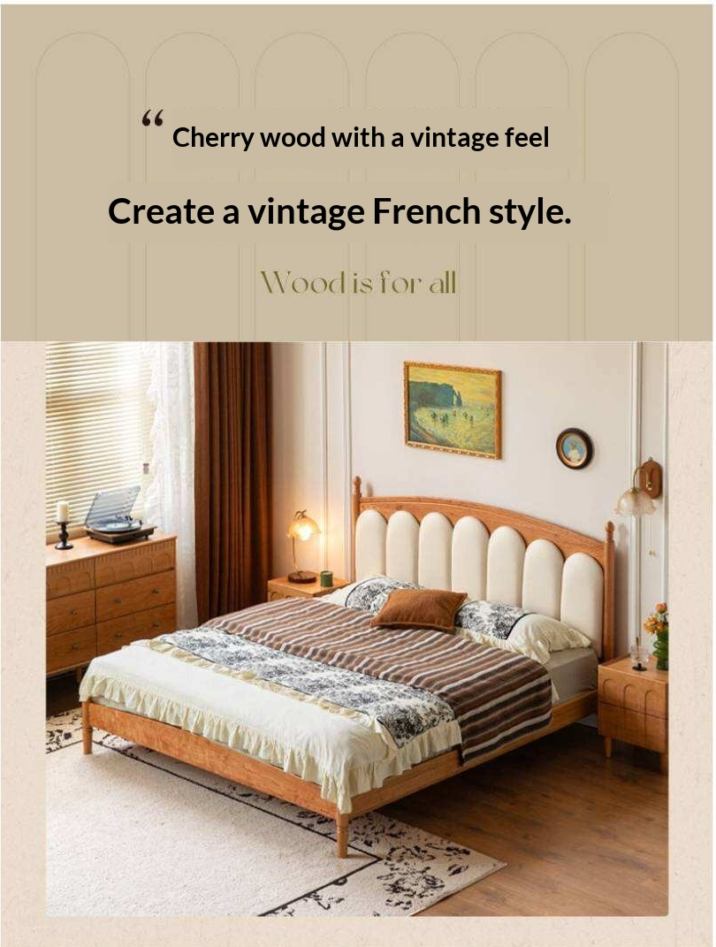 Cherry Solid Wood Genuine Leather, Velvet French-Inspired Scalloped Headboard Bed