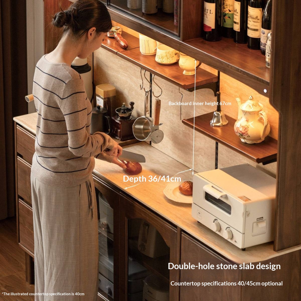 Black Walnut Solid Wood Buffet Cabinet with Retro Style and Rock Board Surface