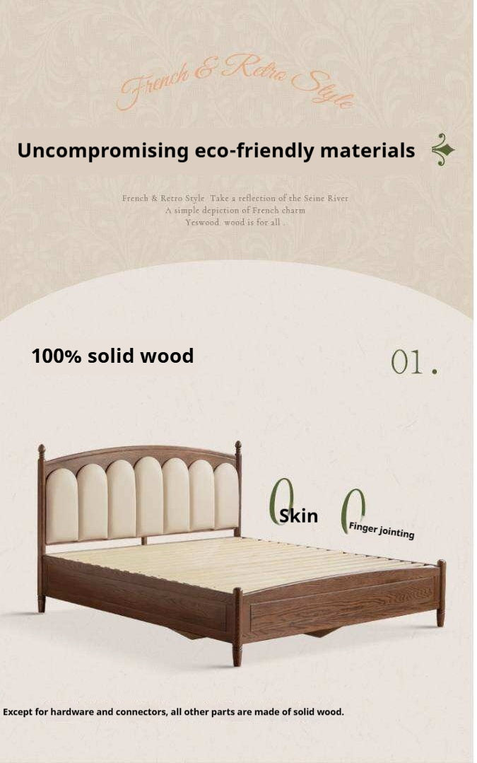 Oak Solid Wood Box Bed with Upholstered Vertical Channel Tufted Arched Headboard