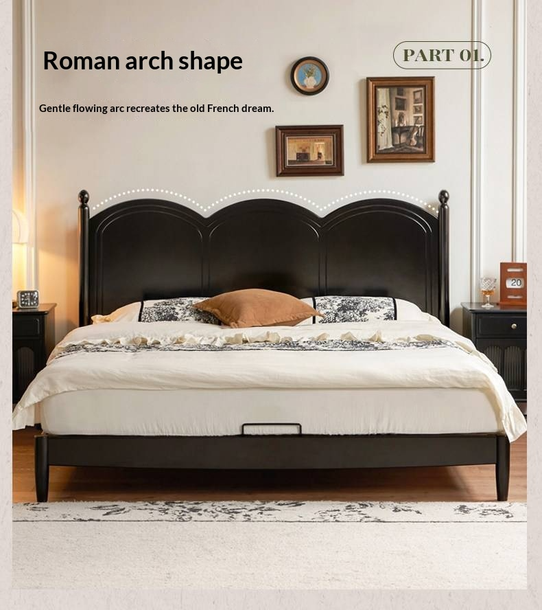 Rubberwood Solid Wood Bed — French Vintage Style, Large Slab Bed