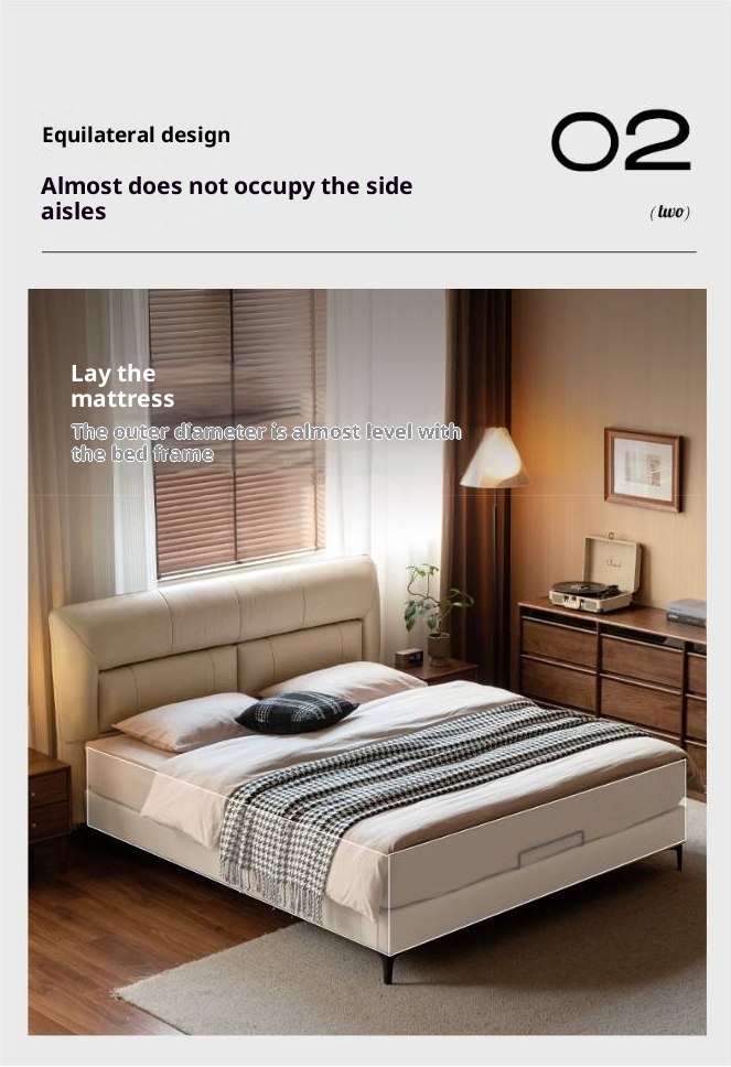 Genuine Leather Italian Light Luxury Soft Bed, White Cream Style