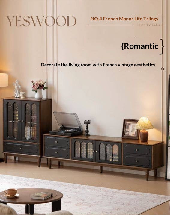 Black Walnut +ash Solid Wood  French Country TV Console with Arched Glass Doors