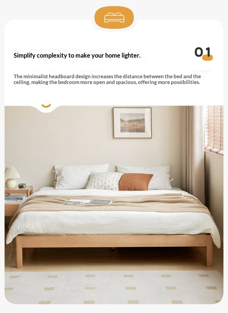 European Beech Solid Wood Platform Bed — Headboard-Free, Simple Design