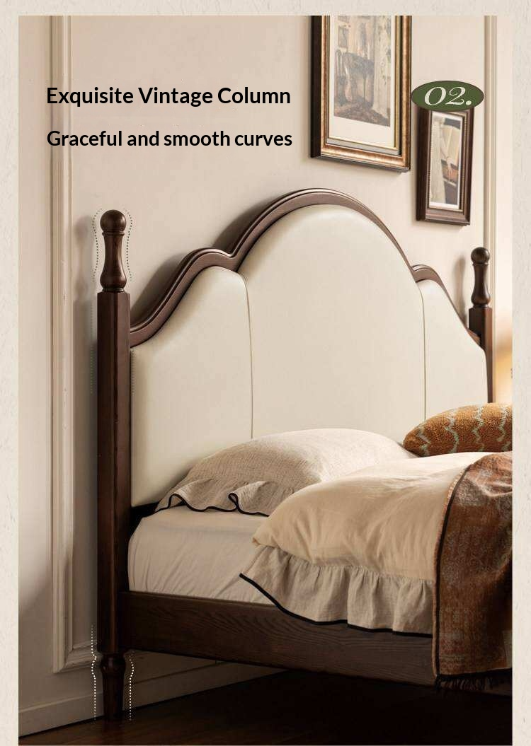 Ash Solid Wood Upholstered Bed with Tall Arched Headboard and Turned Finial Posts