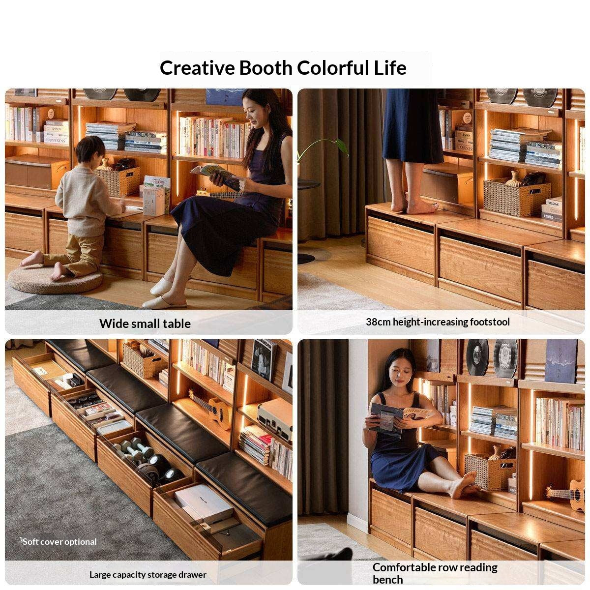 Cherry Solid Wood Bookcase with Wall Integration and Floor Storage Cabinet