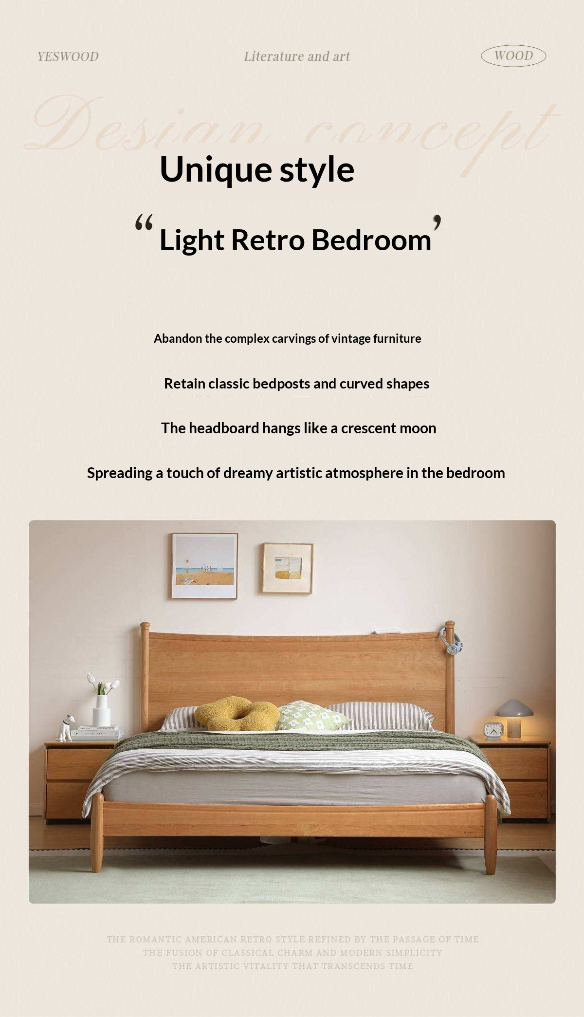 Cherry Solid Wood Nordic Platform Bed with Curved Panel Headboard