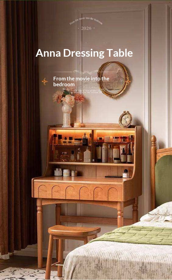 Cherry Solid Wood French Retro Vanity Table with Light