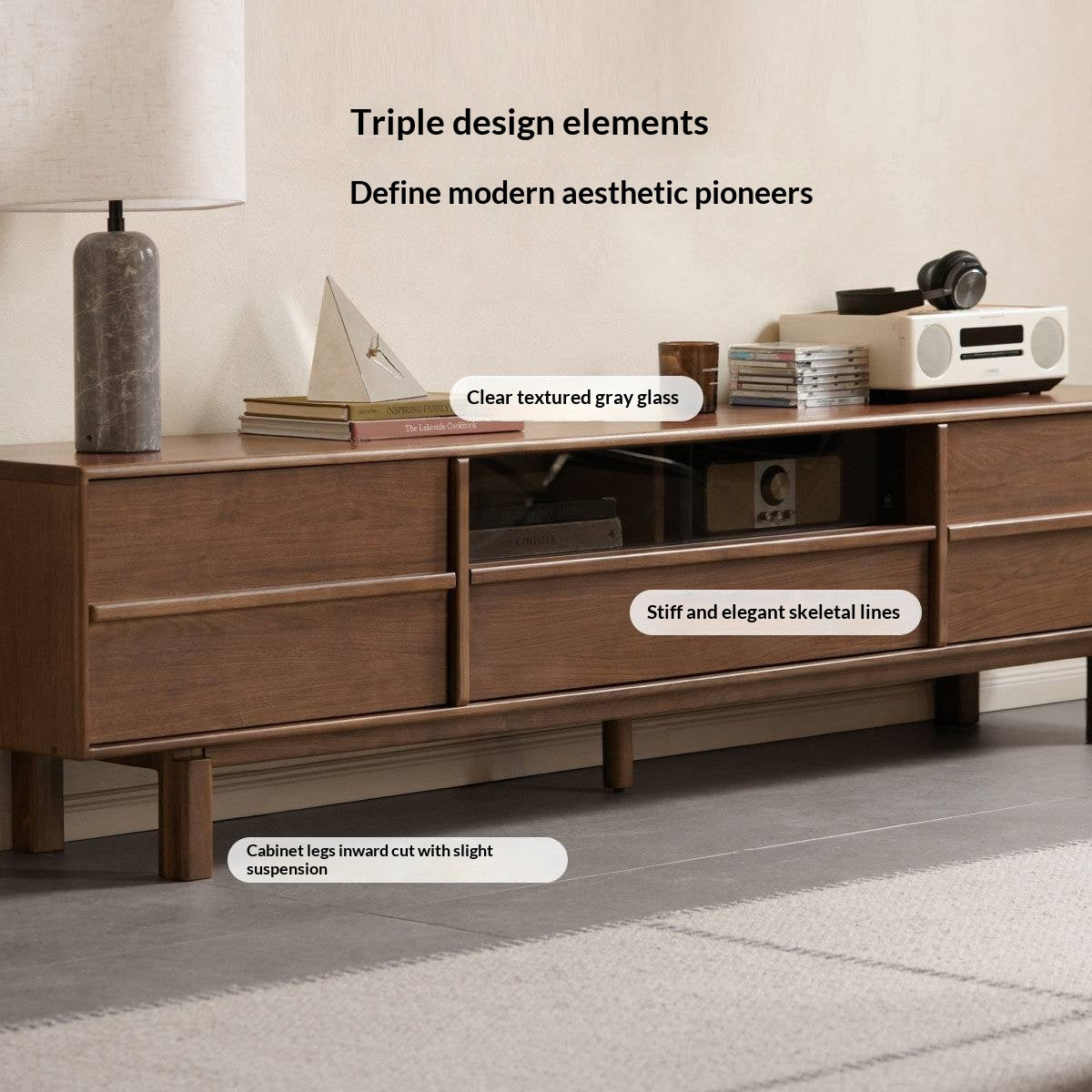 Black Walnut Solid Wood Luxury Style TV Cabinet with Slab Top and Storage