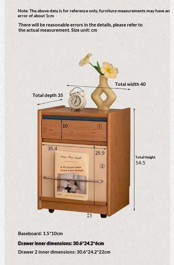 Cherry Solid Wood Nightstand with Storage Drawer and Magazine Holder with Wheels