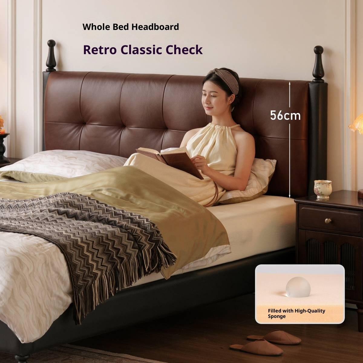 Luxury Genuine Leather Soft Backrest Bed, American Retro Style