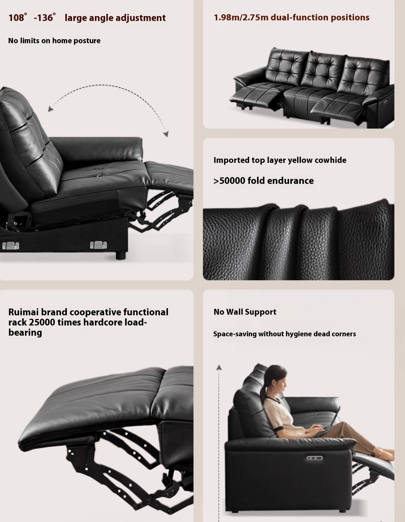 Pine Solid Wood Big Black Functional Leather Sofa