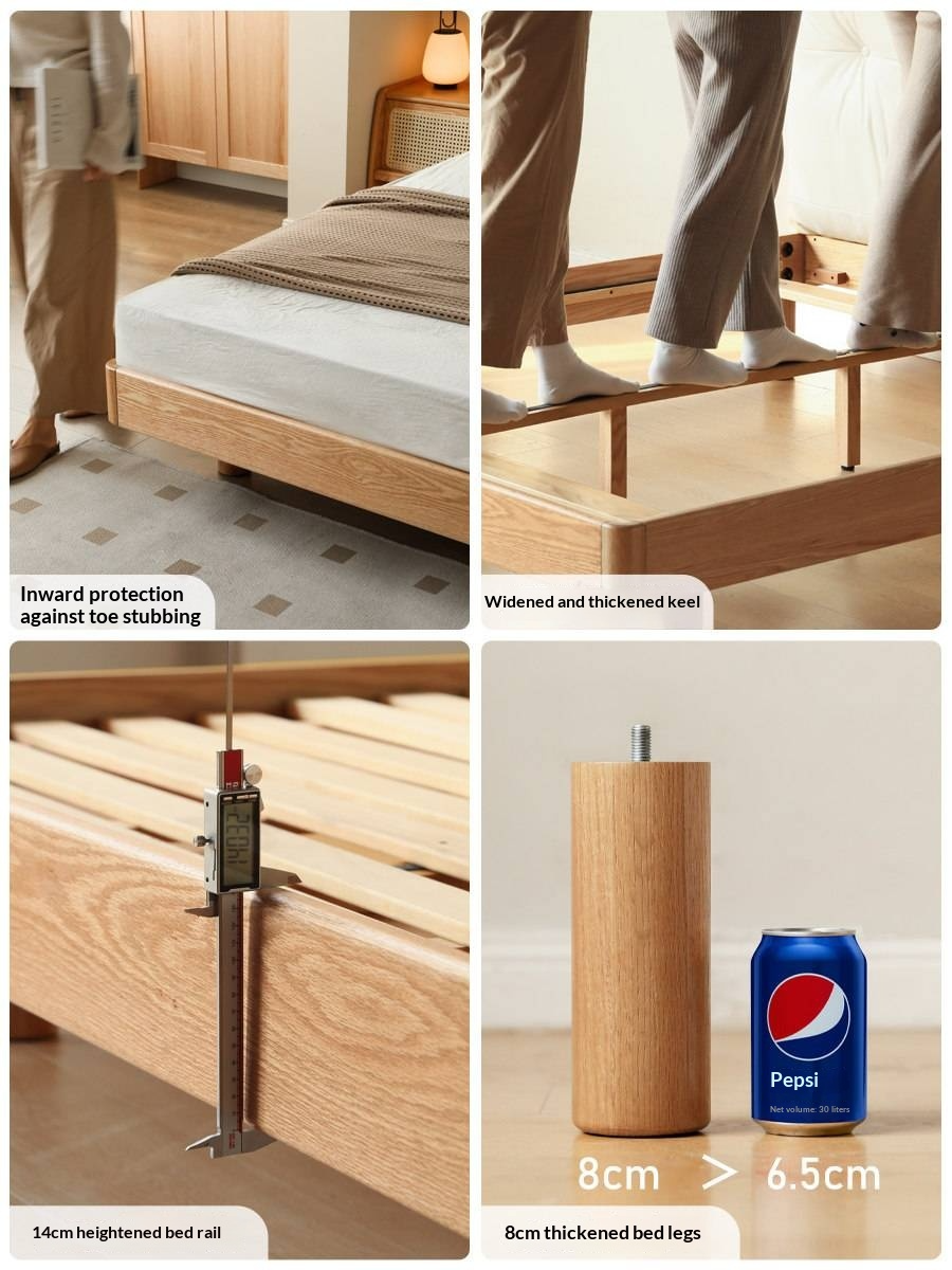 Oak Solid Wood Bed — Modern Minimalist, Genuine Leather Upholstered, Floating Design with Light