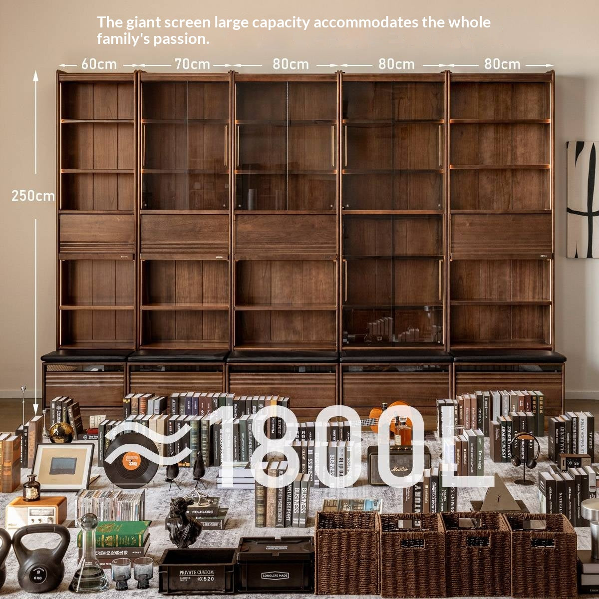 Black Walnut, Ash Solid Wood Combination Bookcase with Floor Display and Luxury Storage