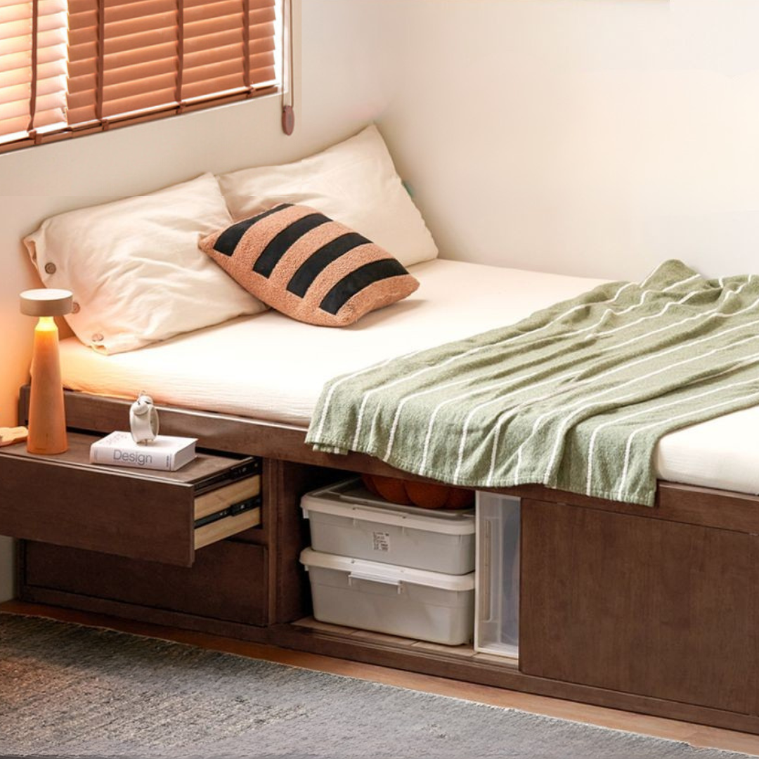 Rubberwood Solid Wood Modern Simple Box Platform Bed, Headboard-Free Bed