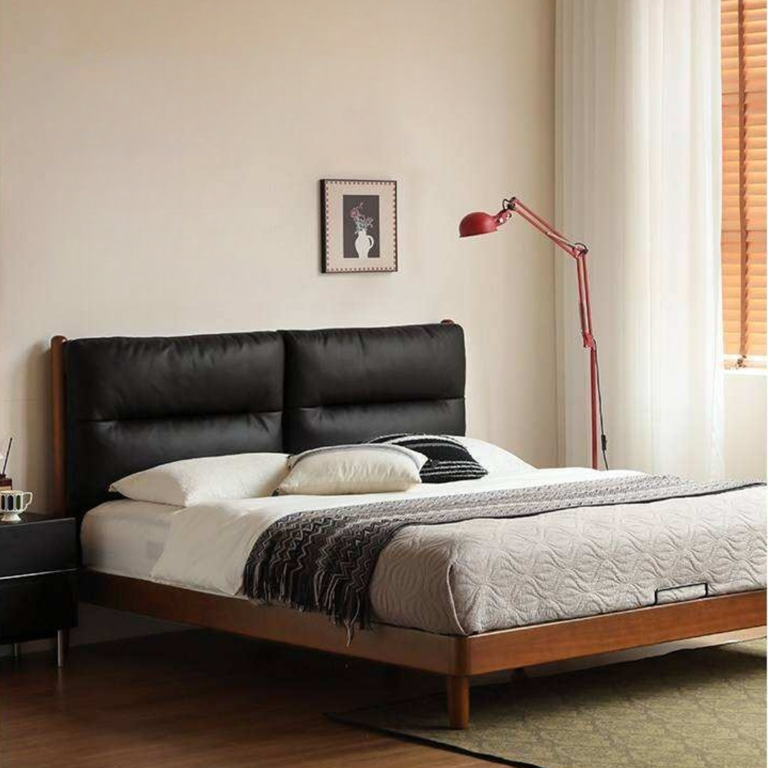Poplar Solid Wood Mid Century Leather Bed with Padded Headboard