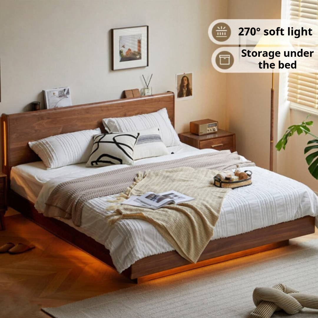 Black Walnut, Sandalwood Solid Wood Box Bed — Luxury Floating Bed with Glow-in-the-Dark Features