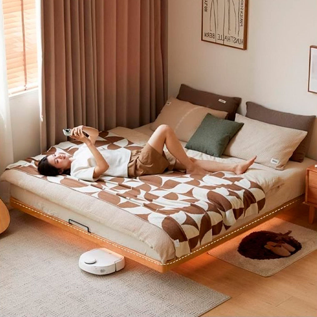 Rubberwood Solid Wood Japanese Style Suspended Platform Bed, Headboard-Free Bed
