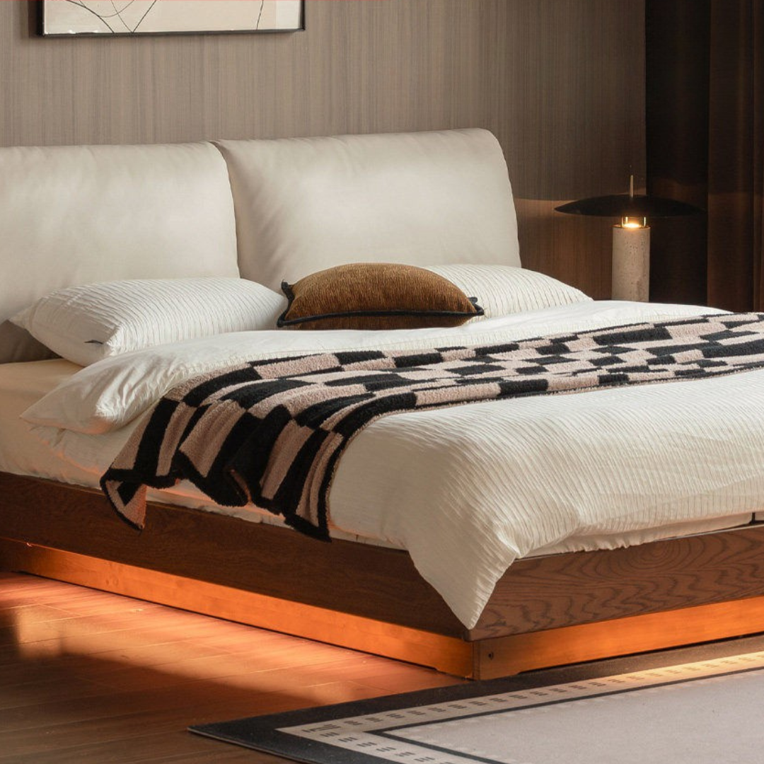 Oak Solid Wood Box Bed — Italian Light Luxury with Soft Genuine leather Backrest