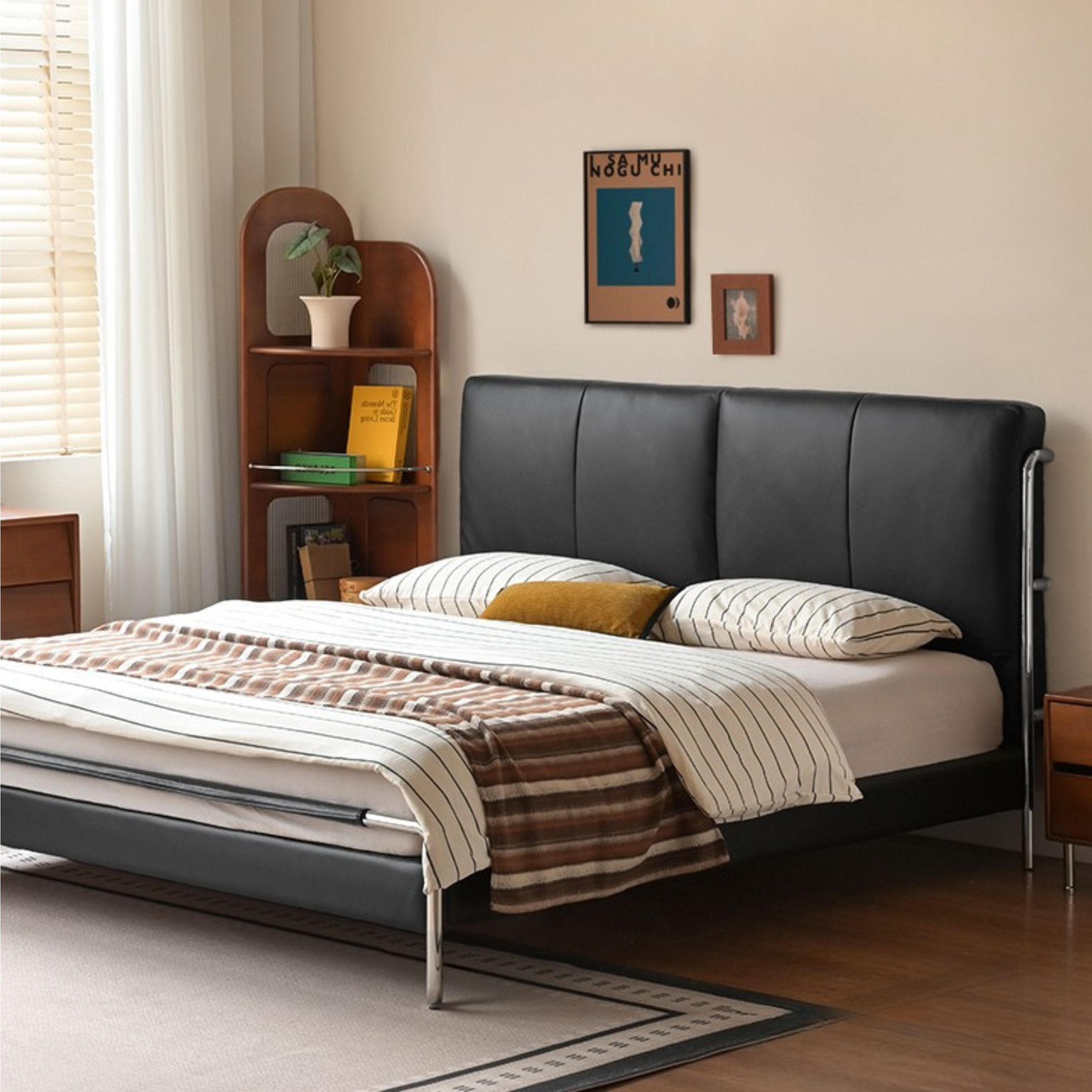 Genuine Leather Italian Style Light Luxury Black Bed