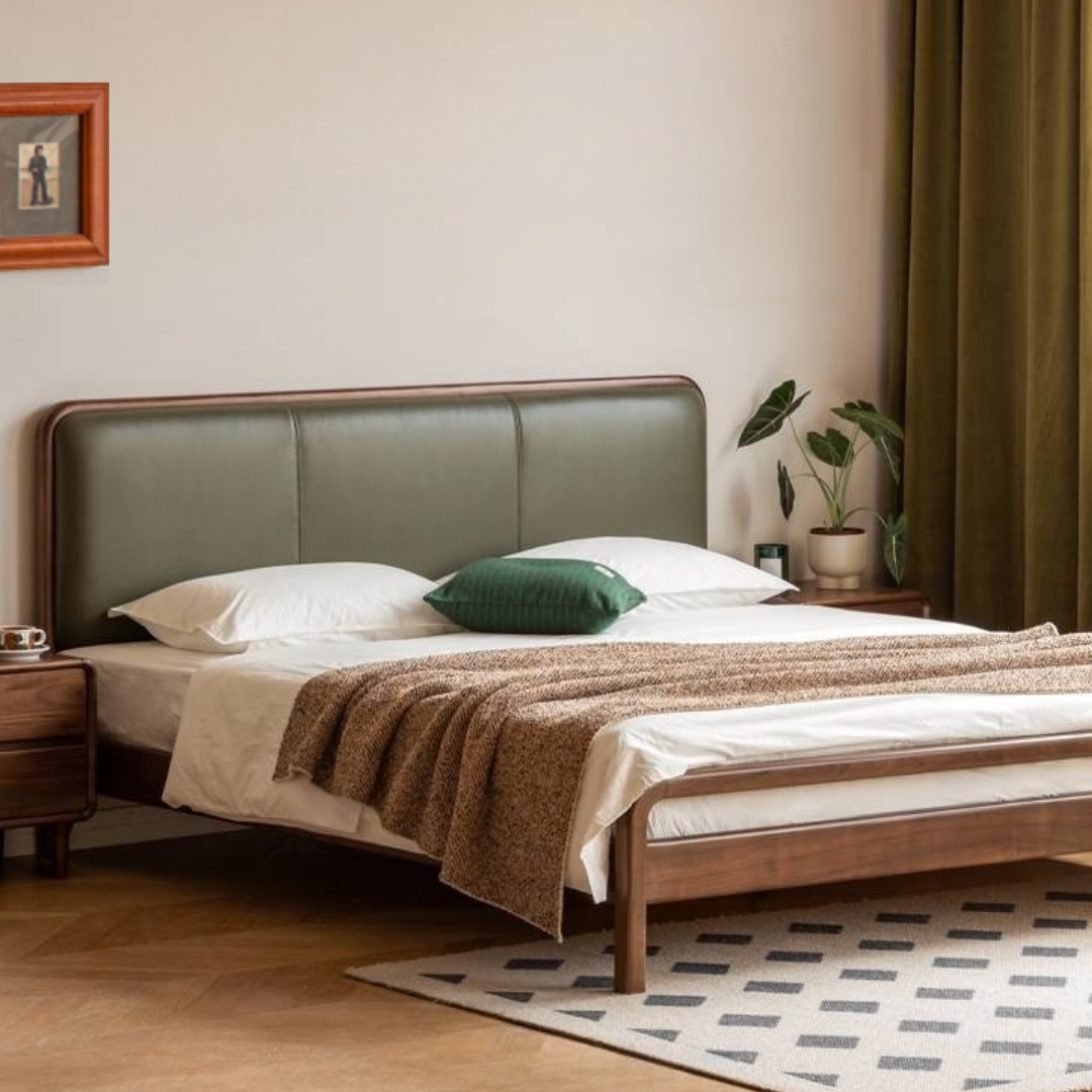 Black Walnut, Beech Solid Wood Retro Upholstered Large Bed