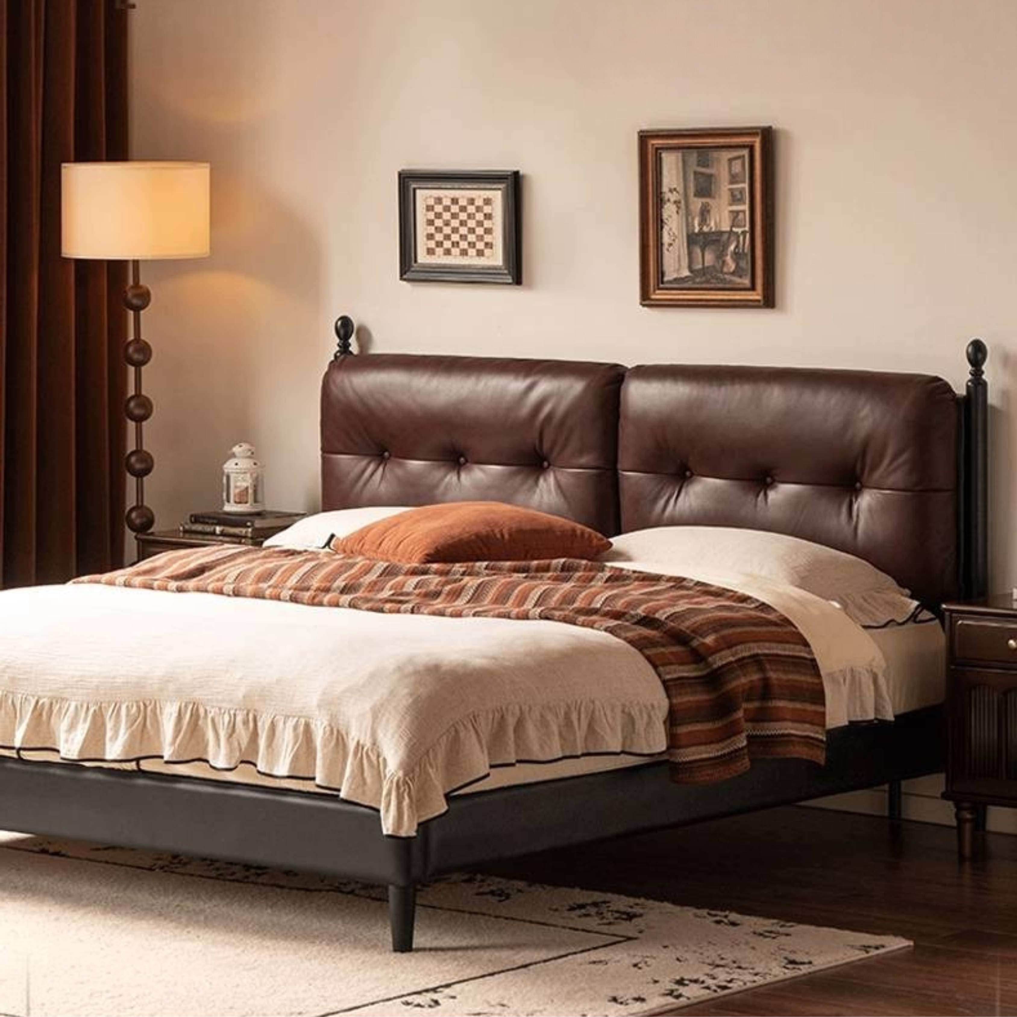 Leather Soft Bed French Retro Style