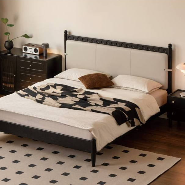 Ash Solid Wood Bed – Bauhaus Style with Soft Leather Upholstery