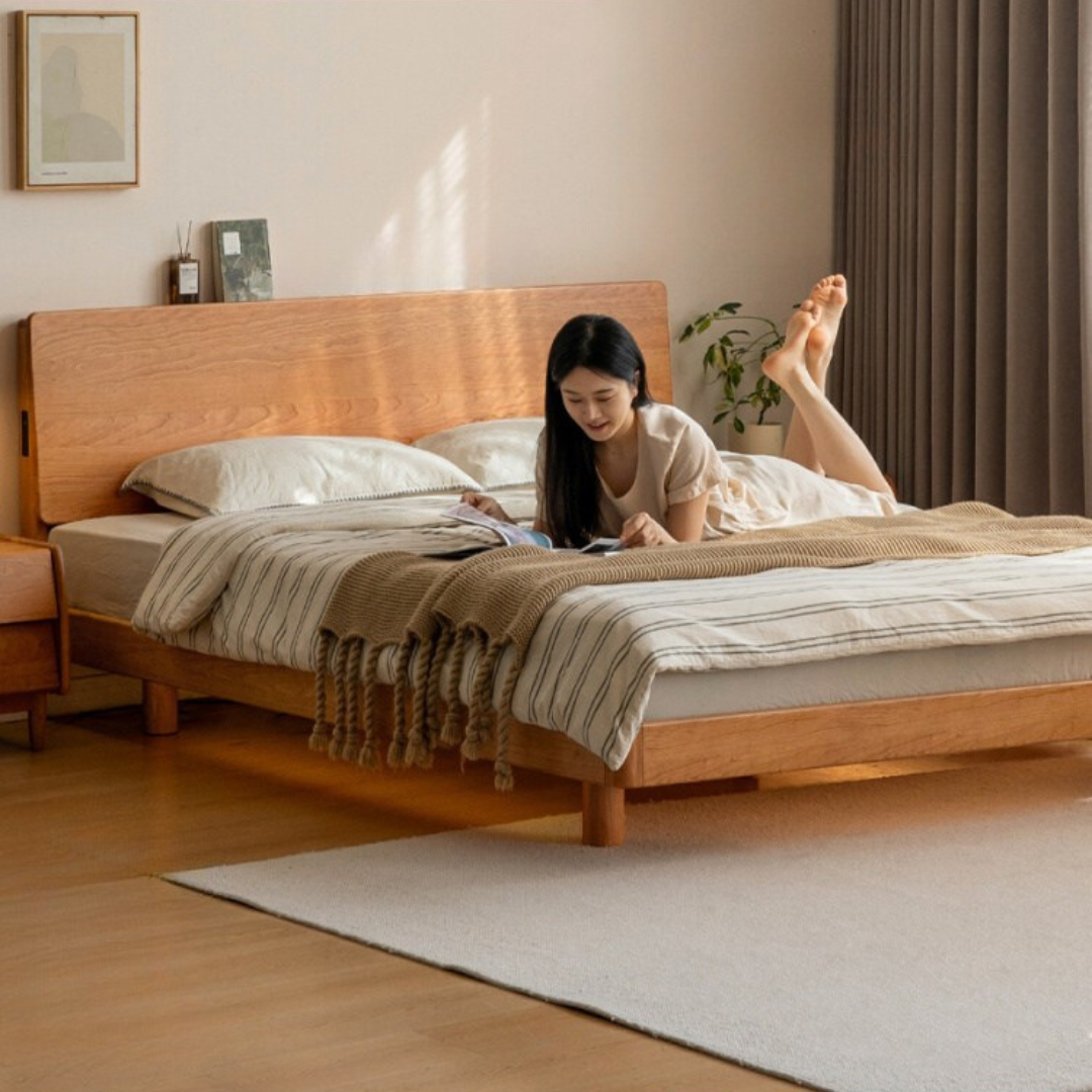 Cherry Solid Wood with Light Floating Bed Retro Simple