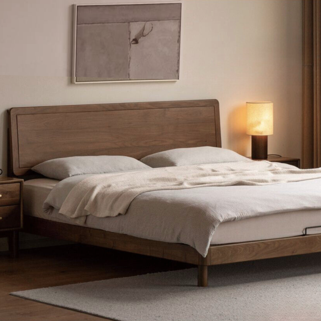 Black Walnut Solid Wood Bed — Modern Minimalist Large Slab Bed