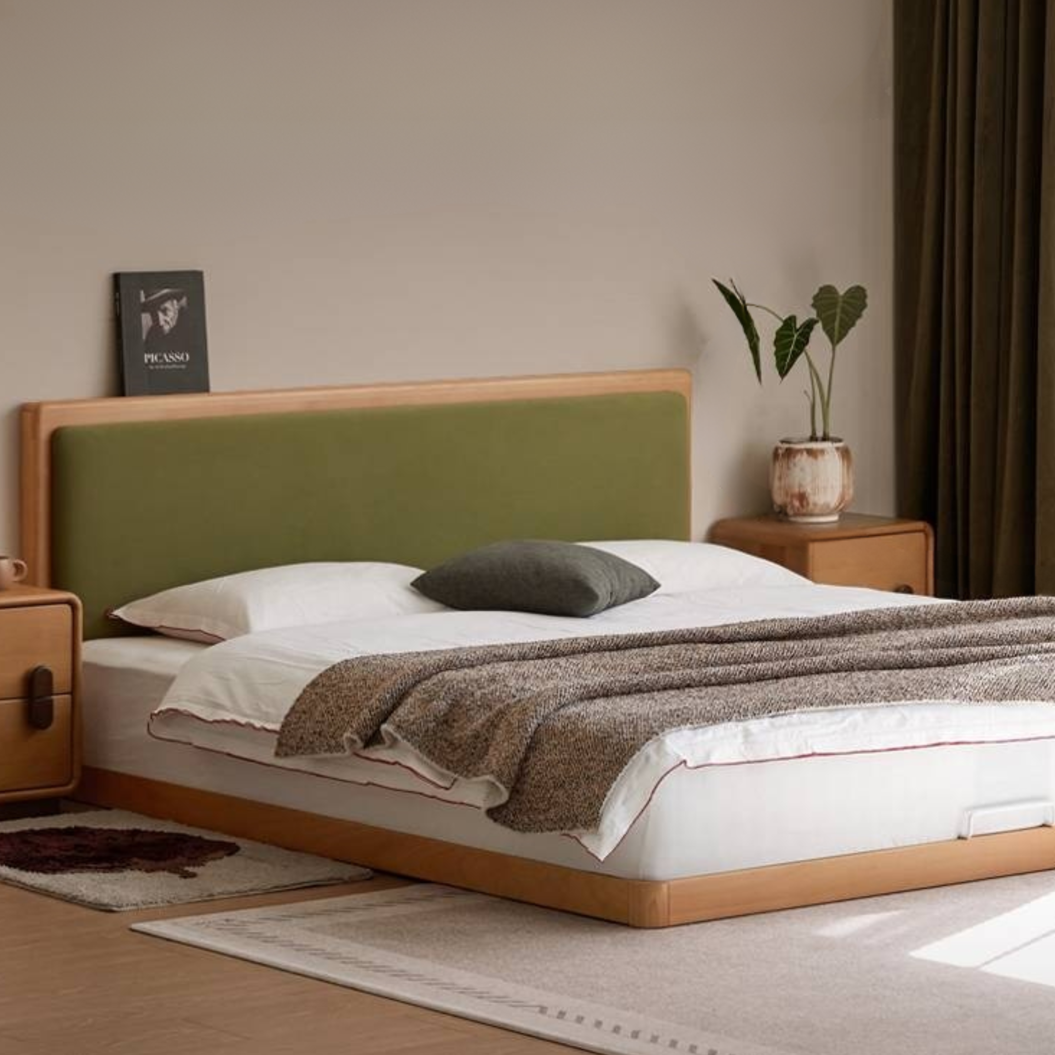 Beech Solid Wood Bed – Platform Bed with Soft Upholstery