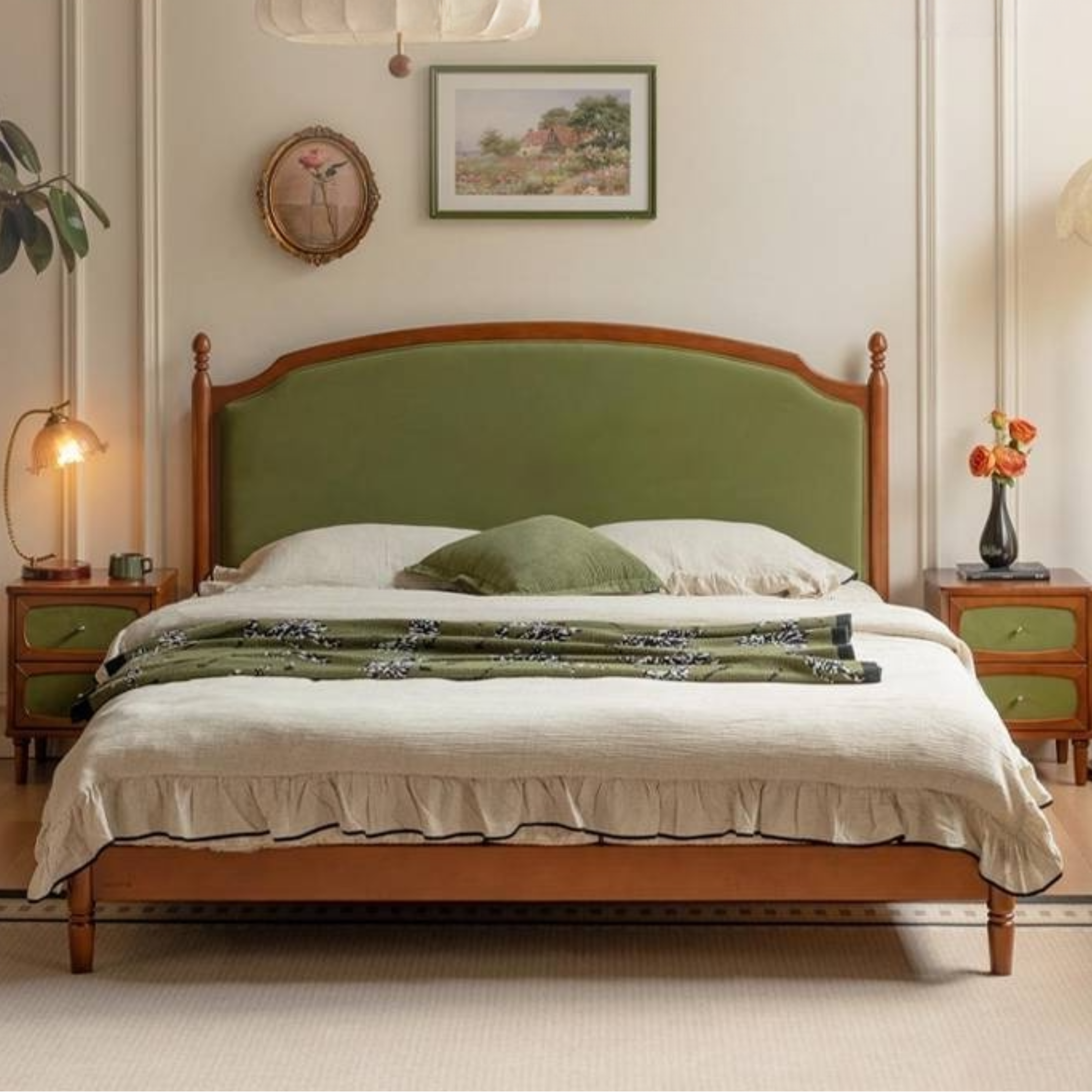 Poplar Solid Wood Bed – French Retro Design with Soft Fabric Upholstery
