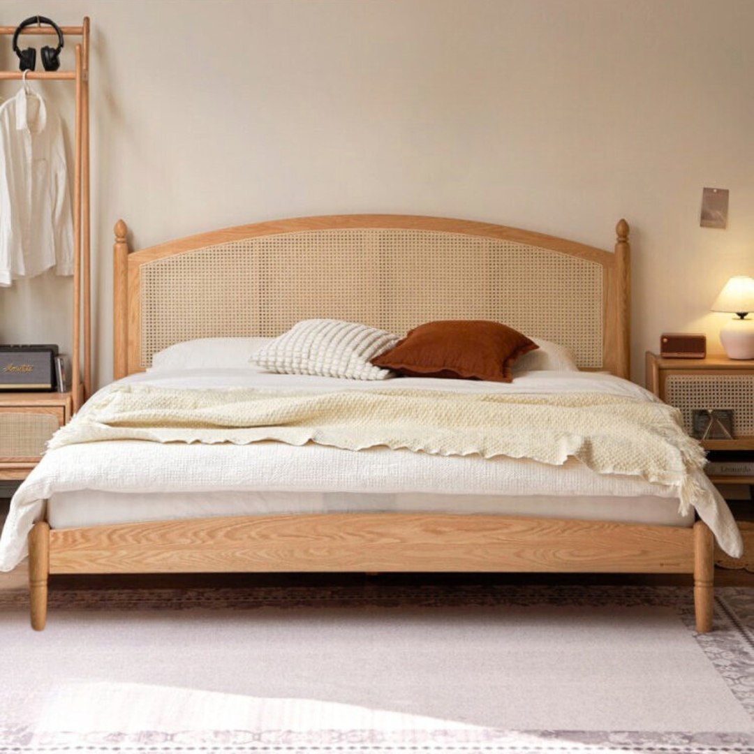 Oak Solid Wood Bed — Light Retro Style with Rattan Design