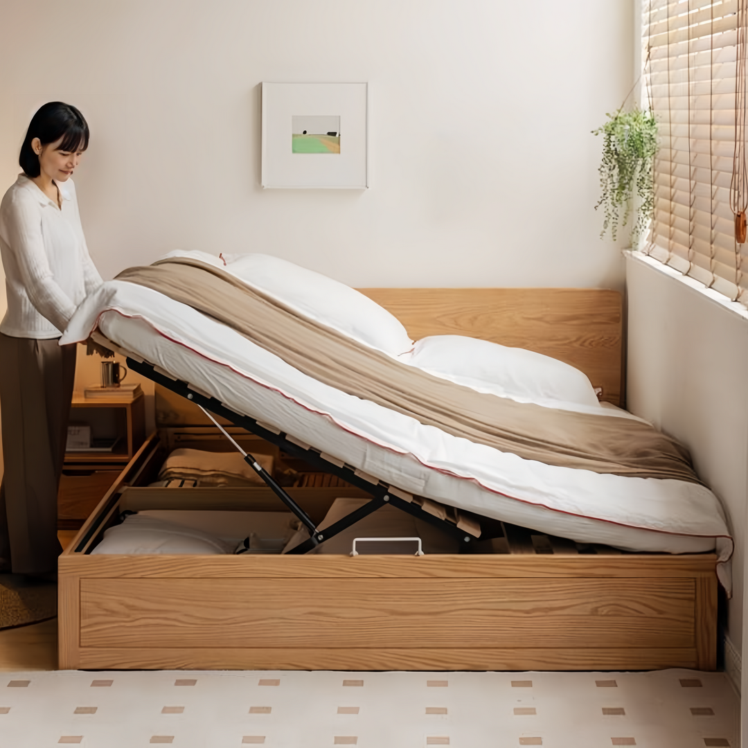 Oak, Beech Solid Wood Box Bed — Minimalist Side-Opening Storage Bed