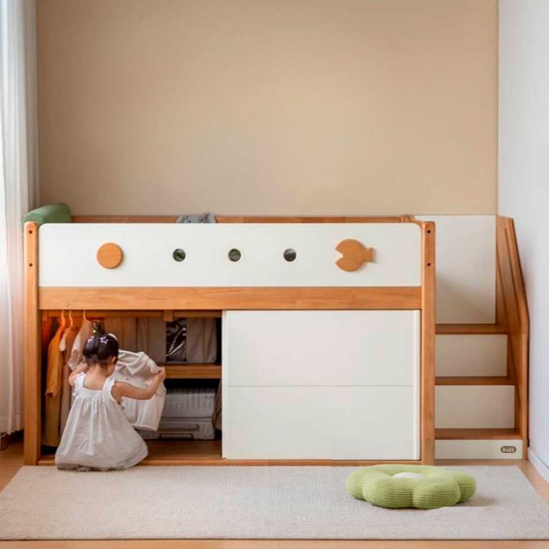 Rubberwood Children's Solid Wood Multifunctional Storage Loft Bed