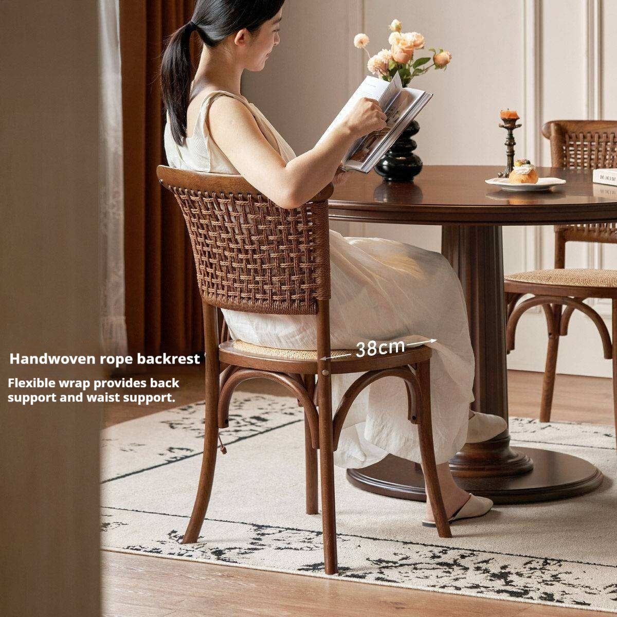 4 pcs -Oak Solid Wood Cane Back Dining Chair, Woven Rattan Side Chair