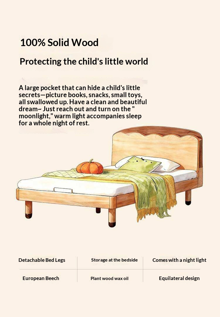 Beech Solid Wood Kids Bed with Scalloped Headboard and Hidden Storage
