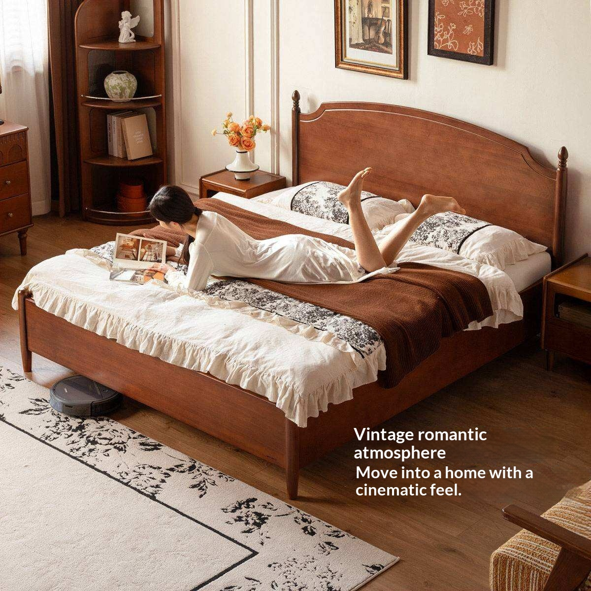 Poplar Solid Wood French Country Arched Panel Bed with Storage Base Box Bed